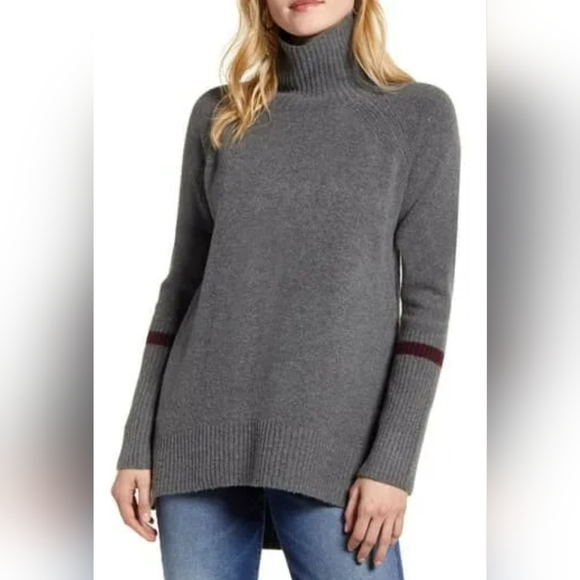 Halogen Size-S High Low Oversize Wool Blend Sweater  Grey Heath/Burgundy - Picture 1 of 8